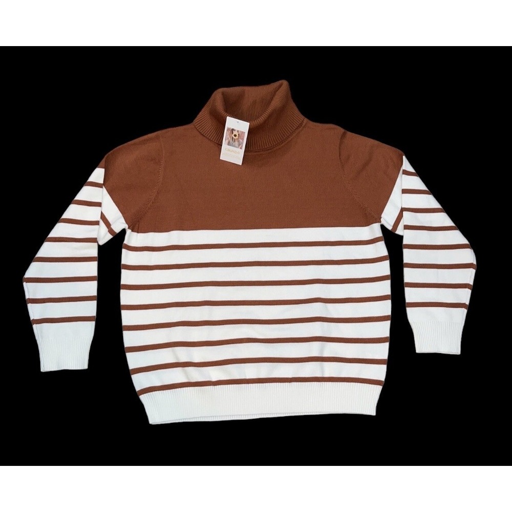 KIRUNDO Women's XL Burnt Orange Rust Cream Striped Sweater Long Sleeve
